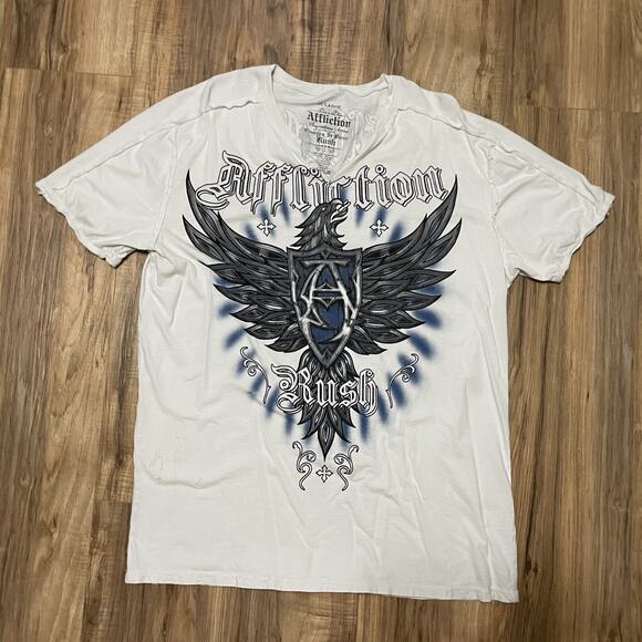 Affliction Signature Georges St Rush White T-Shirt Y2K Distressed Men 2XL STAINS - Picture 1 of 16